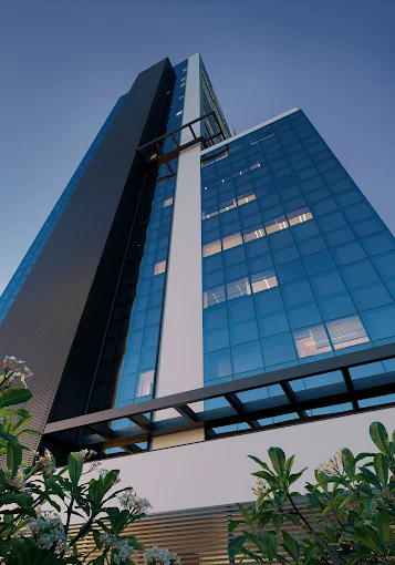 Facade of the High Business Center — QNAX's commercial headquarters in Franca, SP